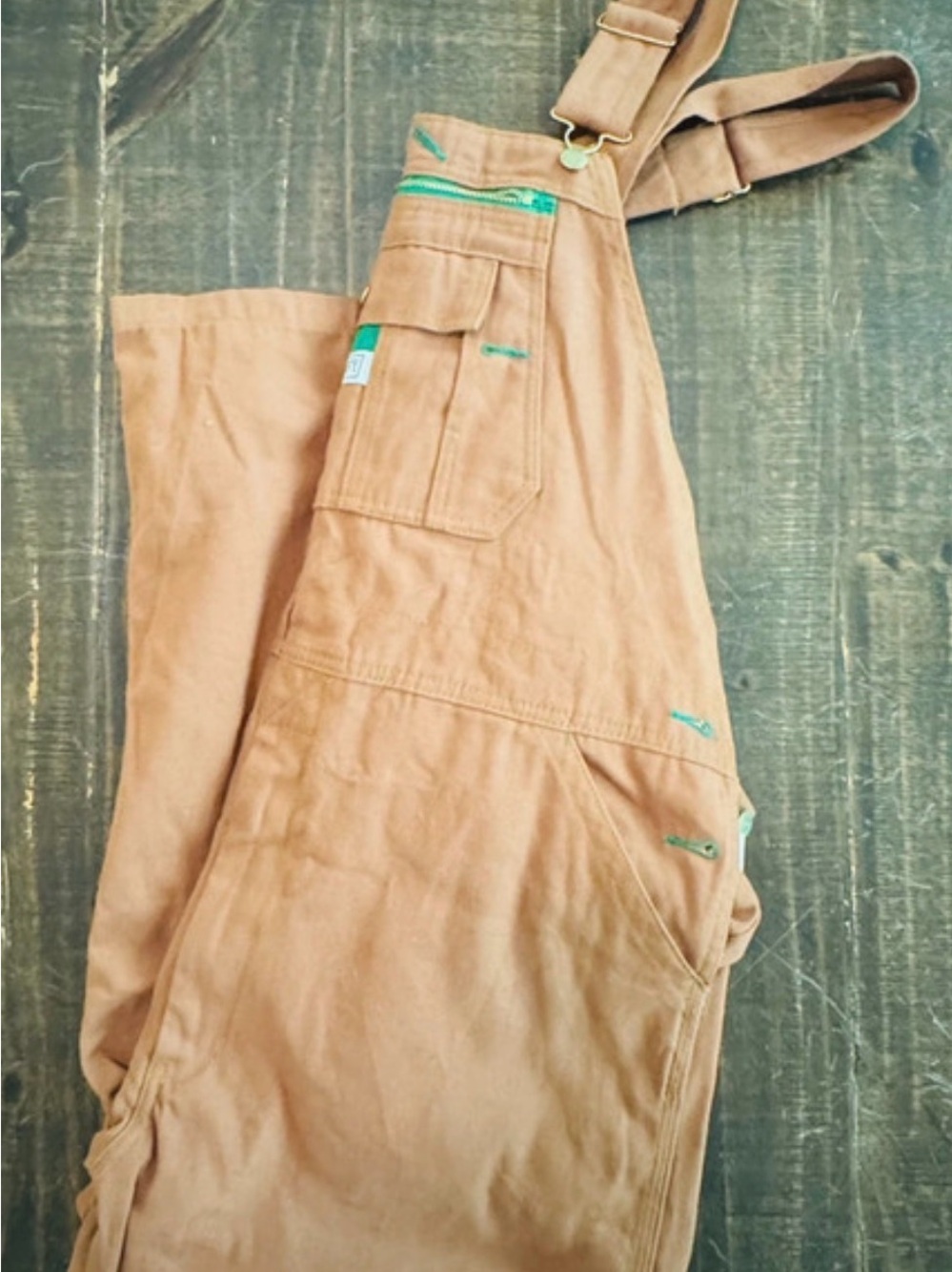 liberty Tan Cargo Overalls with Green Accents